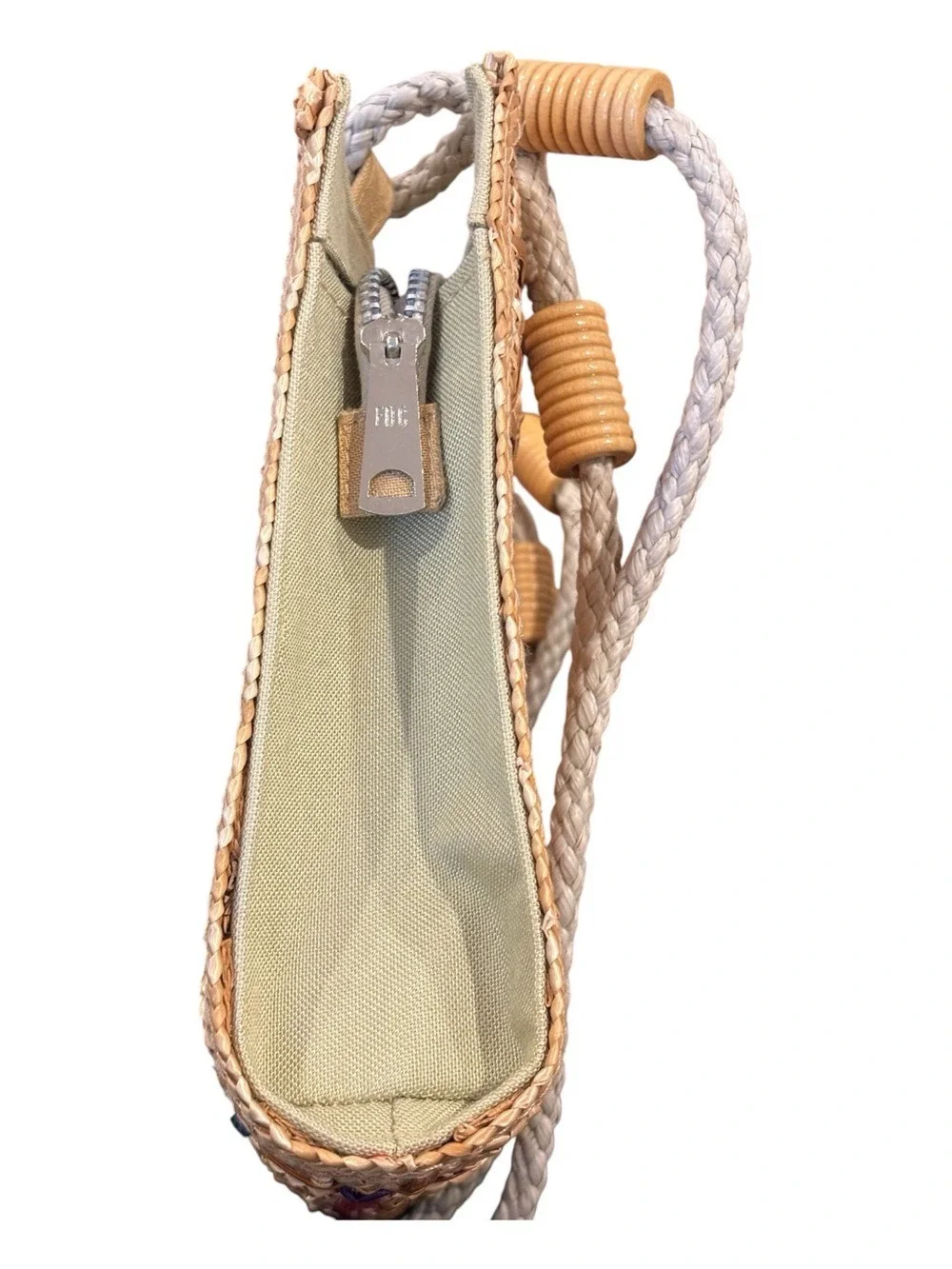 WOVEN STRAW MULTI-COLOR NEUTRAL COLOR SHOULDER BAG W BRAIDED ROPE & WOOD HANDLES
